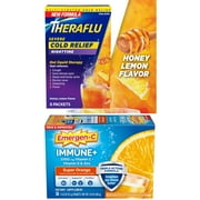 Theraflu Severe Cough Cold and Flu Powder and Emergen-C Immune+ Triple Action Immune Support Powder for Nighttime Relief with Vitamins and Antioxidants, Various Flavors, Set of 2