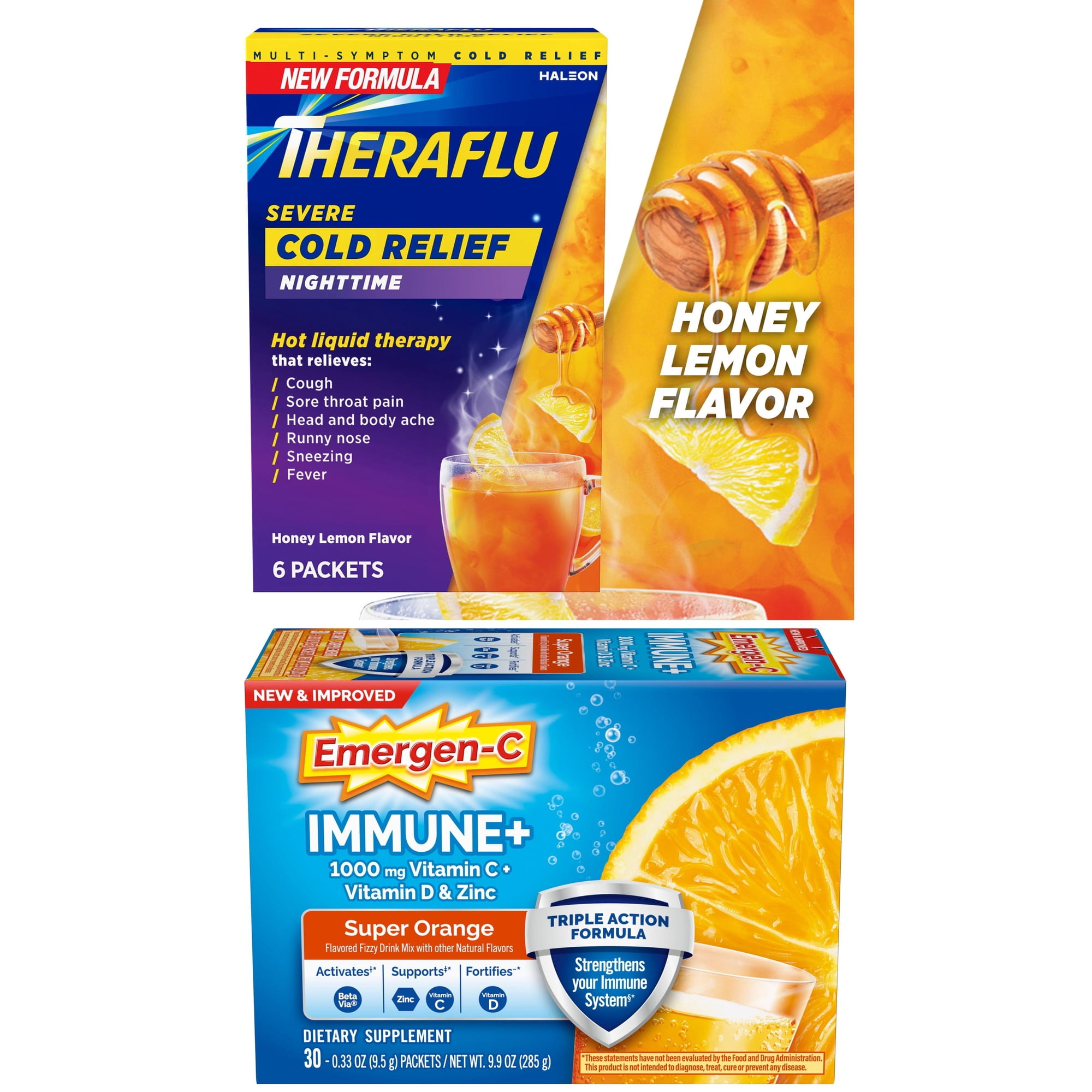 Theraflu Severe Cough Cold and Flu Powder and Emergen-C Immune+ Triple Action Immune Support Powder for Nighttime Relief with Vitamins and Antioxidants, Various Flavors, Set of 2