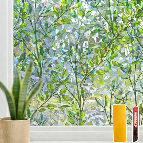 DF 23.62"x78.74" 3D Window Privacy Film, Stain Glass Decorative Window Film, Static Cling Non-Adhesive, Forest Decals Window Stickers, Heat Blocking Reusable Window Tint for Home
