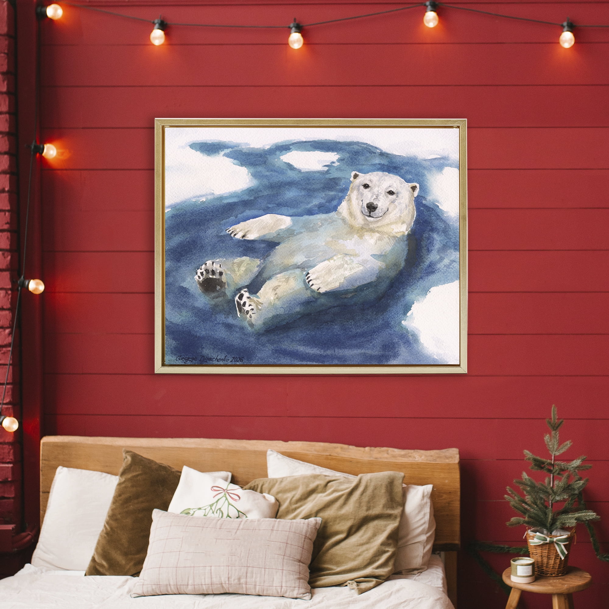 Stupell Industries Polar Bear Icy Bath Time Gold Framed Floater Canvas Wall Art, design by George Dyachenko