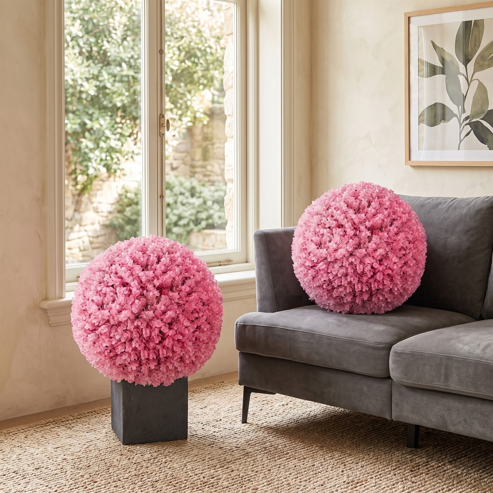 ALPULON 17.5 Inch Faux Purple Eucalyptus Topiary Ball, 7-Layer Leaves Artificial Decorative Greenery Sphere for Backyard Porch Garden Wedding Doorway Lawn, Pink