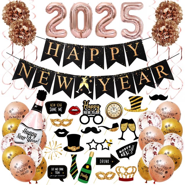 Conjunto de letreros de Feliz Año Nuevo en oro rosa, elegantes y llamativos en 2025 Decoraciones de año nuevo, de la decoración de año nuevo más moderna