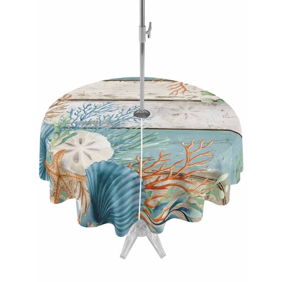 Teal Brown Beach Coastal Outdoor Tablecloth - 60 Inch Round Dining Table Cover, Summer Nautical Coral Shell Botanical Vintage Waterproof Outdoor Table Cloth with Umbrella Hole & Zipper for Patio