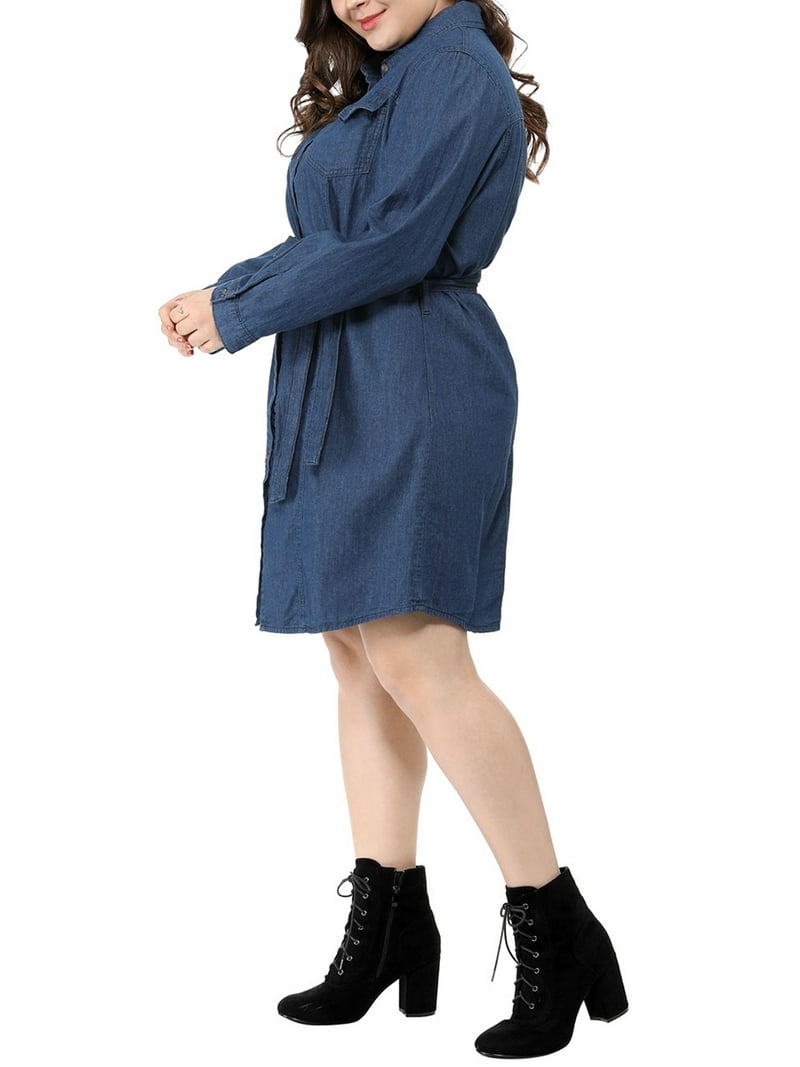 jean shirt dress plus size Daring Diva Long Sleeve Belted Above Knee Denim 1X Blue, Women's, Size: 1XL Casual dresses Designed with balloon sleeves Plus Size Denim Tie Waist