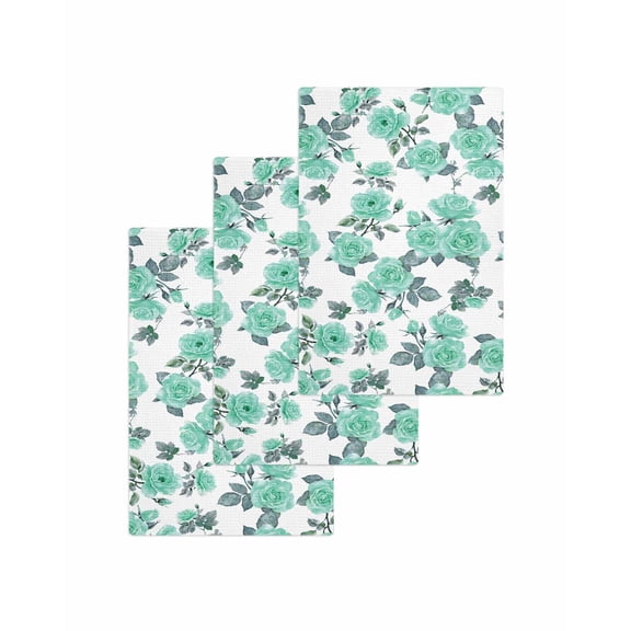 Green Floral Kitchen Dish Towels for Drying Dishes Set of 3, Farmhouse Garden Flowers Botanical Waffle Weave Microfiber Terry Hand Tea Bathroom Towels Quick Dry & Absorbent Towel 15.7x23.6