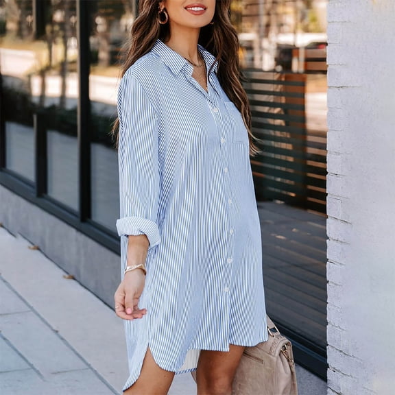 Fnooota Women’s Shirt Dresses, Spring Fall Casual Long Sleeve V Neck Midi Dresse Blue Size 2XL