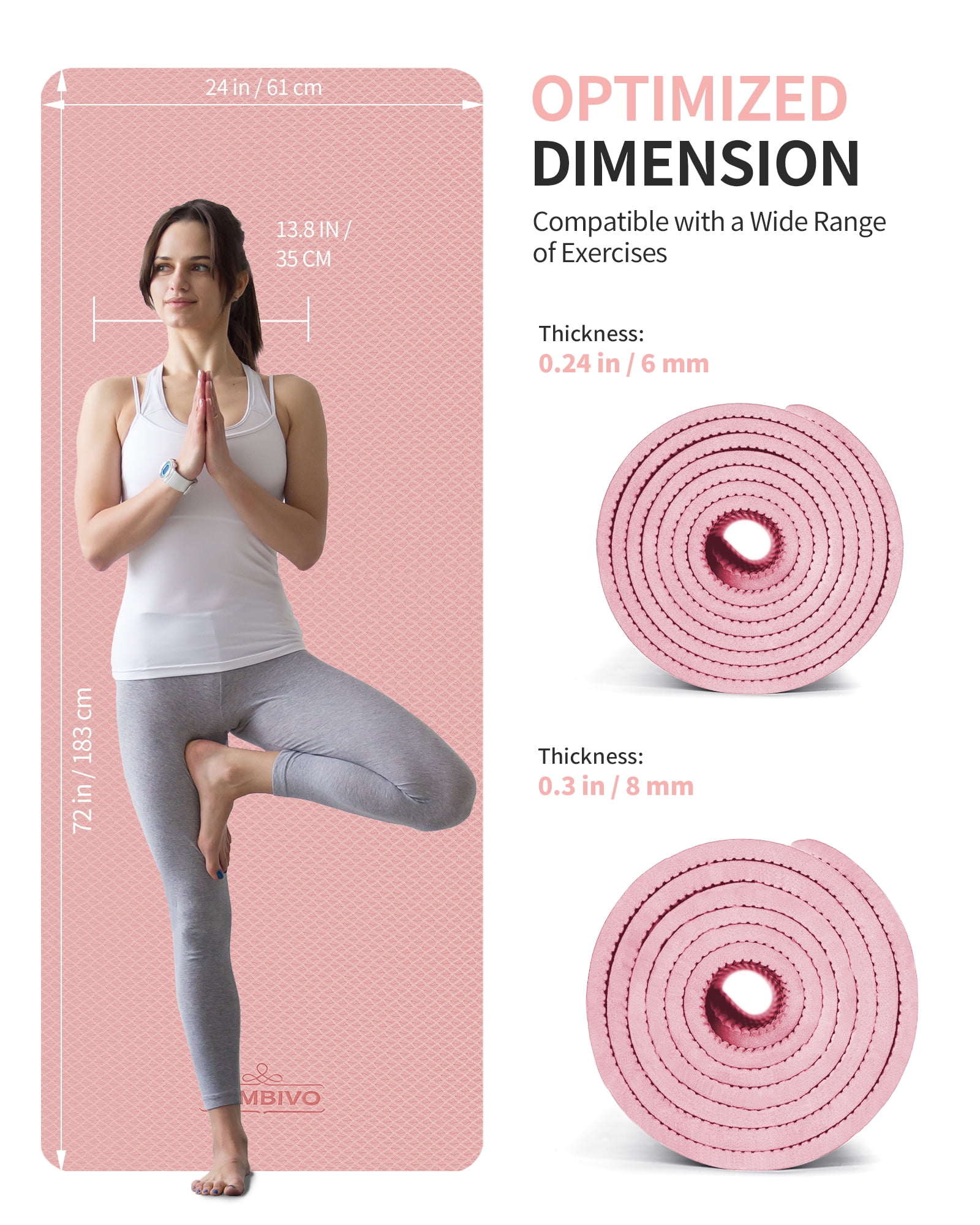 CAMBIVO Yoga Mat, 6mm Thick Eco Friendly TPE Workout Mat with Carrying Strap for Fitness, Gym and Floor Exercises, 72" x 24", Pink