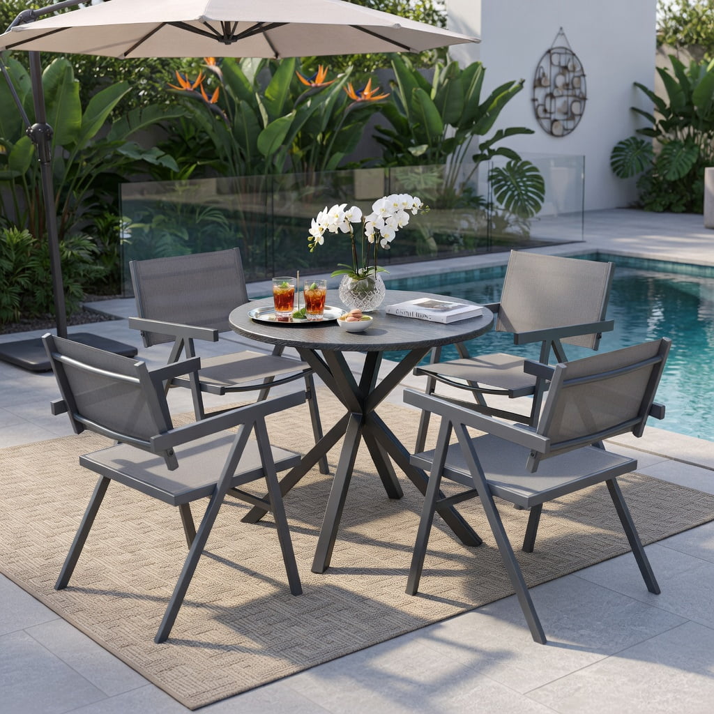 Hommoo 4-Pack Outdoor Patio Dining Chairs, Breathable Fabric Seat, Powder-Coated Metal Frame, Fade-Resistant & Ergonomic for Patio, Poolside & Backyard, Gray