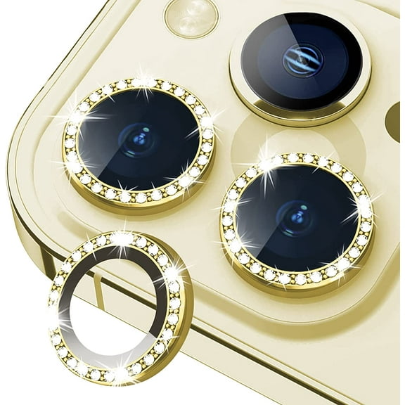 Bling Diamond Camera Lens Protector for iPhone 13 Pro/iPhone 13 Pro Max, HD Clear Tempered Glass Camera Lens Protection Cover, Case Friendly, Scratch Proof (Diamond Gold)