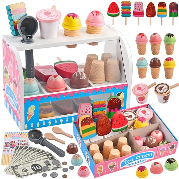 Faburo Wooderma Ice Cream Toy, Wooden Ice Cream Play Set, Ice Cream Set for Kids, Wooden Play Food Play Food, Pretend Play Toys, Gift for Girls Boys 3 4 5 6 Year Old