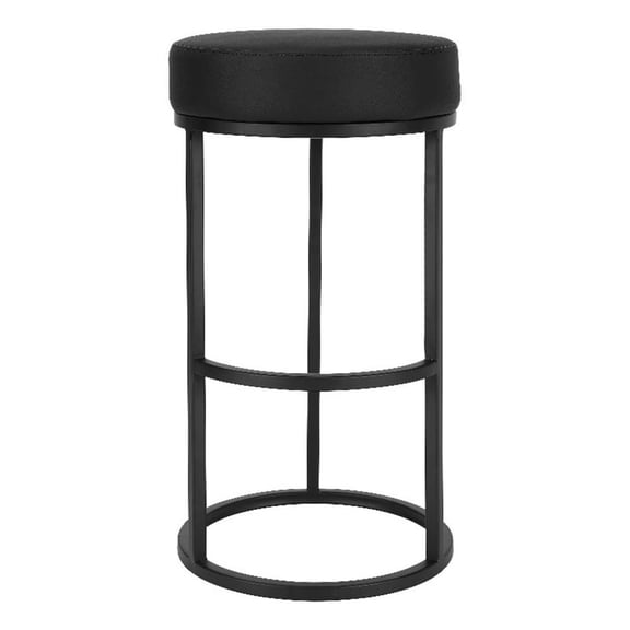 Benjara Tane 30" Barstool- Round Black Faux Leather Padded Seat- Black Metal
