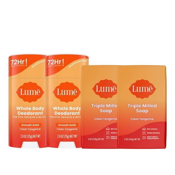 Lume Whole Body Deodorant And Soap - 2.6 Ounce Solid Stick With 72 Hour Odor Control (Pack of 2) and 5 Ounce Triple Milled Soap (Pack of 2) - Aluminu