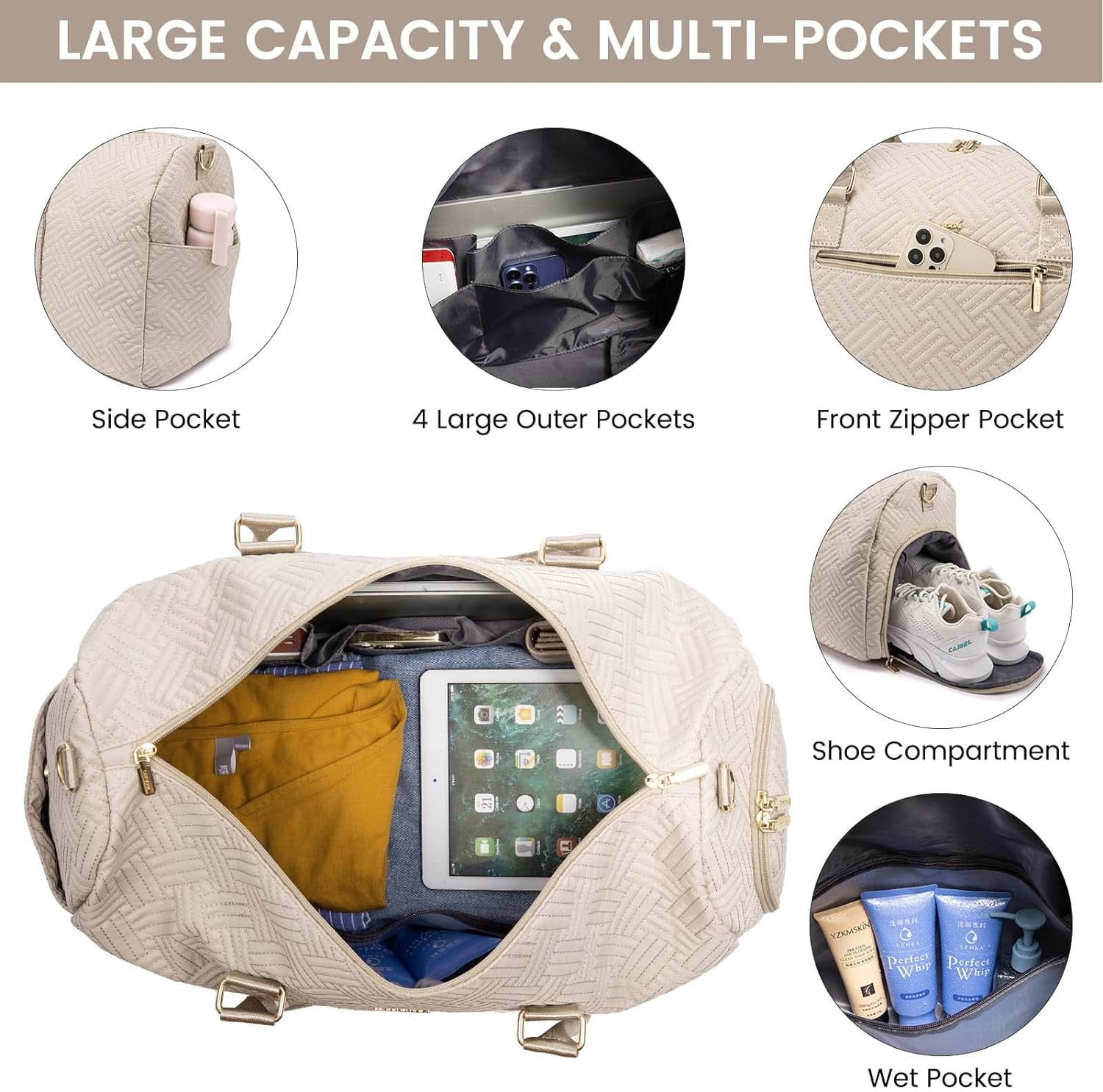 Travel Duffle Bag, Weekender Bag for Women with Toiletry Bag, Carry on Overnight Bag with Shoe Compartment, Gym Duffel Bag with Wet Pocket, Mommy Hospital Bags for Labor and Delivery