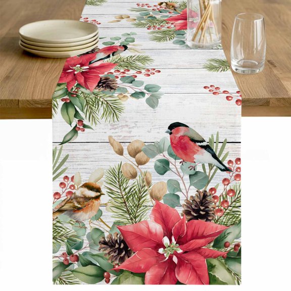 Christmas Table Runner 120 Inches Long Farmhouse Dress Scarves, Winter Poinsettia Berry Farmhouse Wooden Grain Dining Tablerunner for Coffee Table/Kitchen Island/Party Décor, 13" x 120"