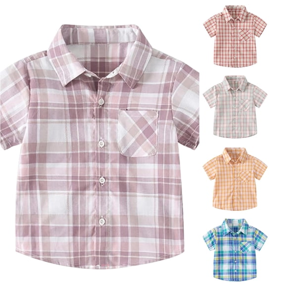 SUXIAN Boys Short Sleeve Blouses Plaid Striped Button Down Short Sleeve Casual Top Toddler Summer Going Out Blouses For Boys Light Purple 4-5 Years