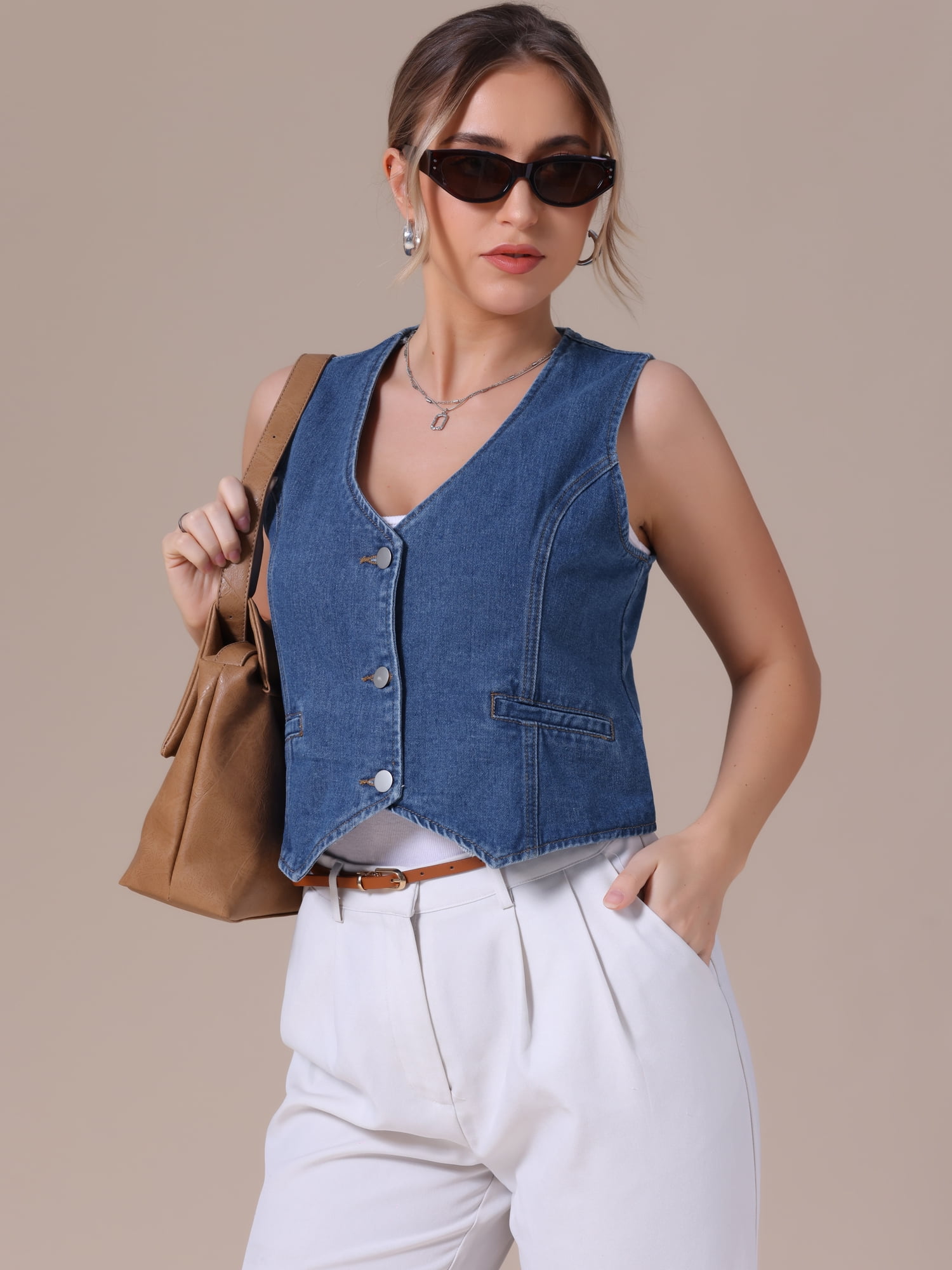 DARING DIVA Women's V Neck Waistcoat Top Casual Jean Vests L Blue