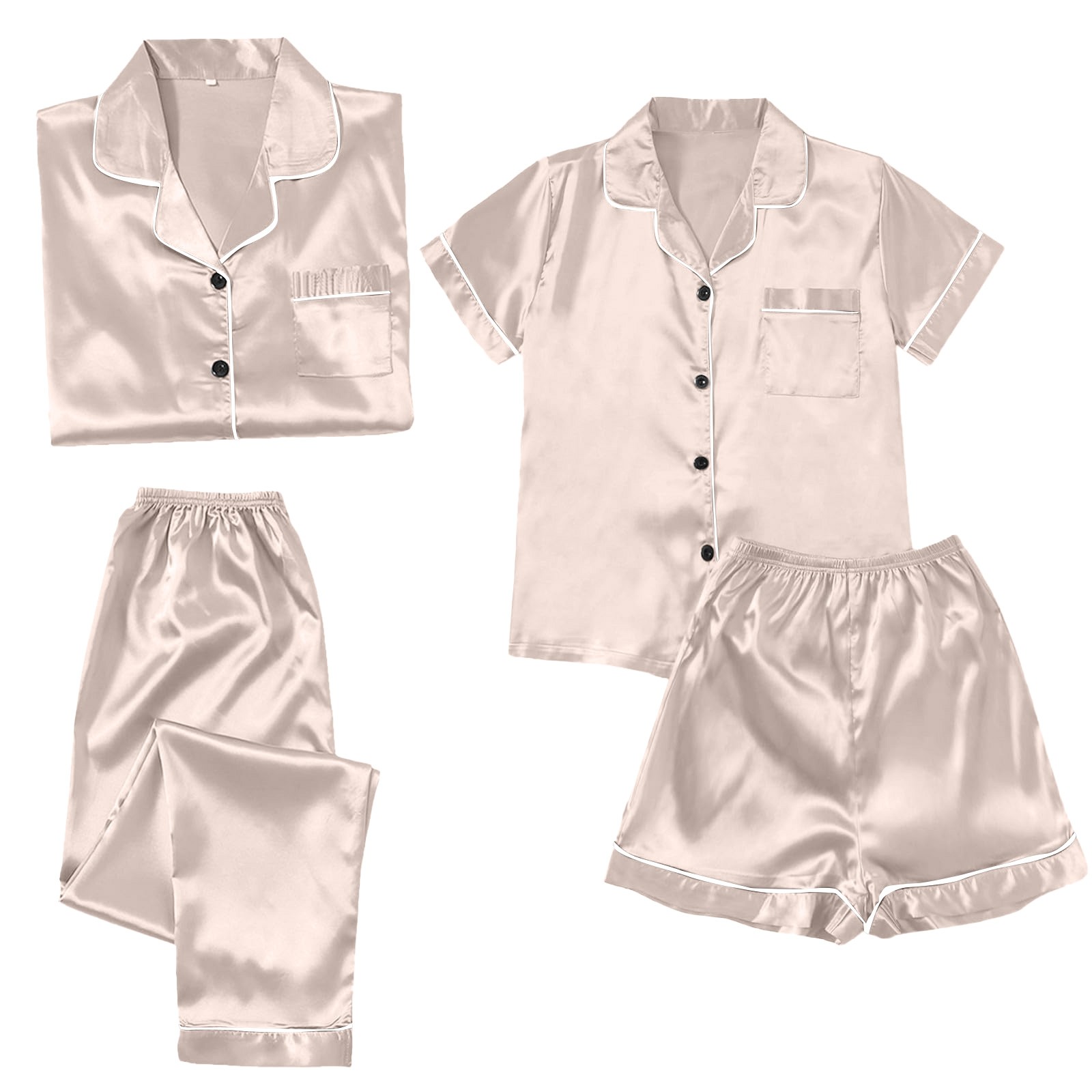 VISALY 4 piece pajama set for women Satin pajama set for women, Women's Ice Silk Thin Imitation Silk Short Long Sleeve Home Clothes Four Piece, Cooling pajamas Womens pajama shorts, Rose Gold,XXL
