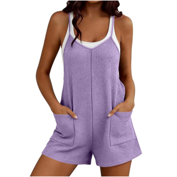 Rompers for Women Waffle Summer Casual Sleeveless Short Overalls Spaghetti Strap Shorts Jumpsuit with Pockets Purple
