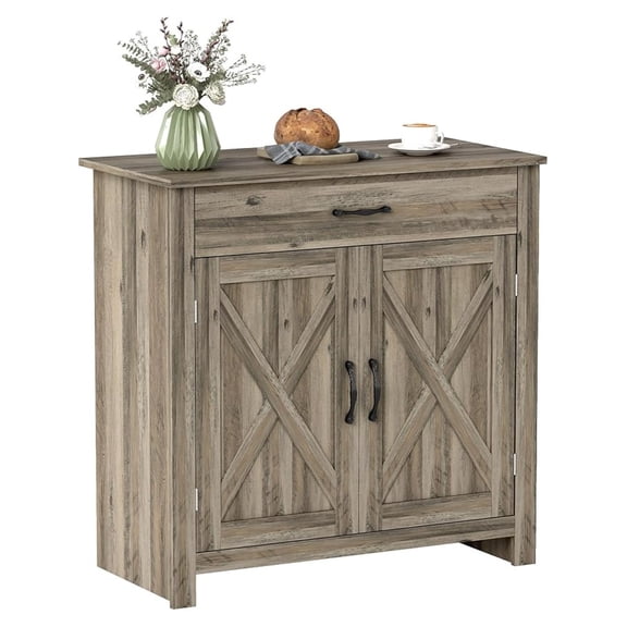Farmhouse Sideboard Buffet Cabinet, Barn Door Coffee Bar Cabinet with Drawer and Adjustable Shelf for Kitchen, Living Room, Entryway, Gray