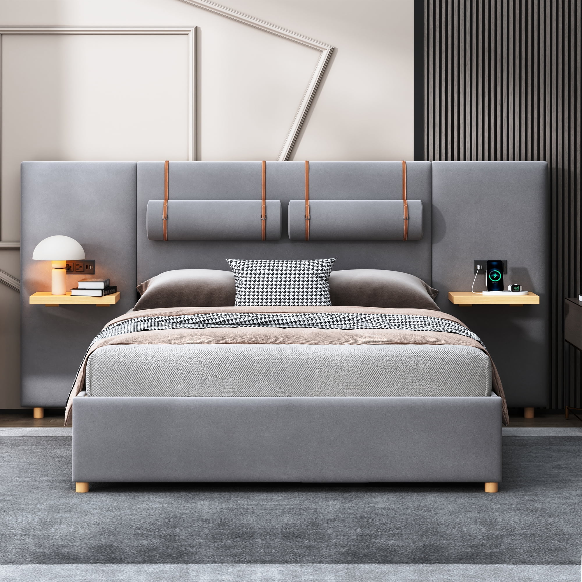 Euroco Upholstered Queen Size Platform Bed with Storage Shelves, USB Charging Station and Pillows, Gray