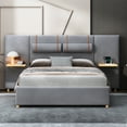 thumbnail image 3 of Harper & Bright Designs Queen Size Velvet Upholstered Bed with Large Headboard and 2 Shelves, Wooden Platform Bed Frame with 2 Outlets and USB Charging Ports on Both Sides, 2 Headboard Pillows, 3 of 12