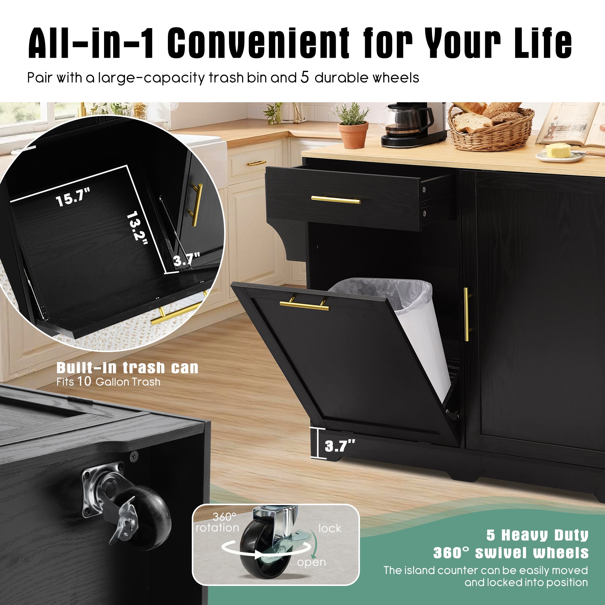 Haverchair 39.7" Kitchen Island with Drop Leaf and Storage Cabinet, Mobile Kitchen Rolling Bar Cart with Trash Can Cabinet and Drawer, Modern Island Table for Kitchen with Spice Rack and Towel Rack