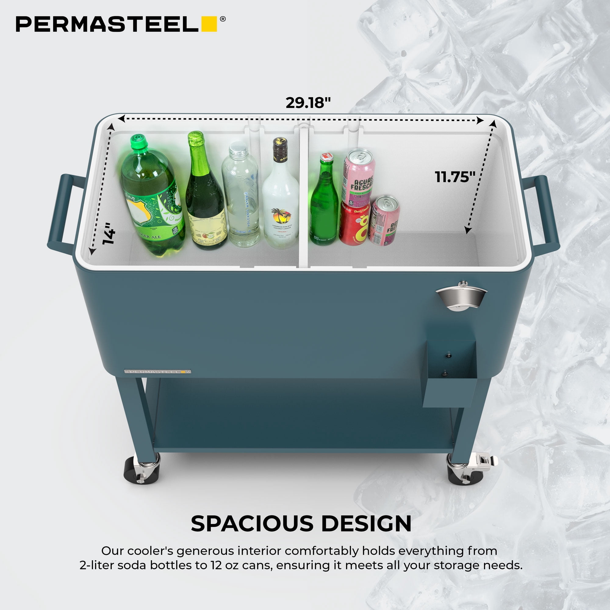Permasteel 80-Qt Party Cooler with Divider, Removable Basin, Chills 36hrs, Serving Tray, Rolling Steel Ice Chest for Indoor & Outdoor, Matte Teal