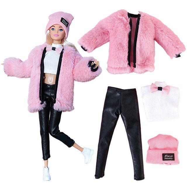 Ropa de muñeca para Barbies, traje diario, abrigo de felpa, chaqueta, vestido, sombrero, suéter, pantalones, pendientes, collar, Barbie, juguete para niña, 1 Juego(Not Include Doll B