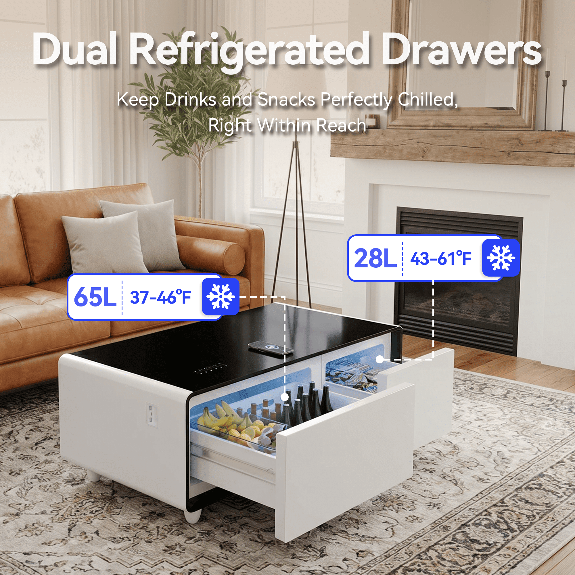 LIVTAB Smart Coffee Table, 23" D x 41.5" W x 18.2" H, Living Room Table with Built in Fridge and Speakers, Smart Table with 15W Wireless Charging, USB Chargers and 110V Outlets, White