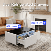 LIVTAB Smart Coffee Table, 23 D x 41.5 W x 18.2 H, Living Room Table with Built in Fridge and Speakers, Smart Table with 15W Wireless Charging, USB Chargers and 110V Outlets, White