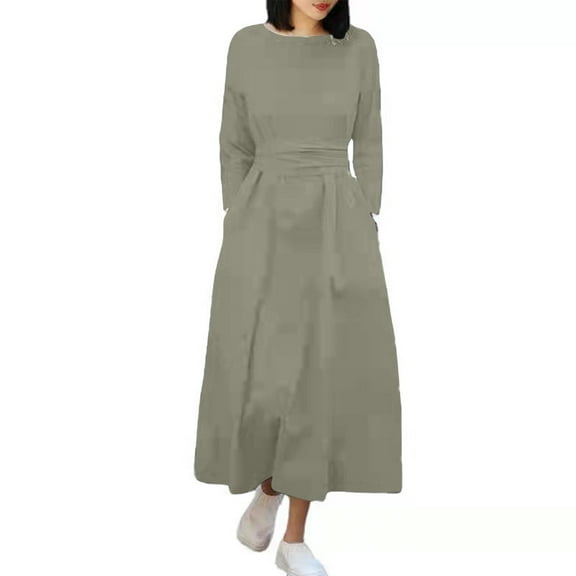 pstuiky Womens Dresses, Women Solid Color Cotton Linen Dress Loose Long Sleeve Round Neck Dress Mid-Calf Dress with Pockets Leisure Green XXL