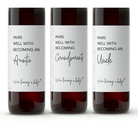 Pairs Well With Becoming Grandparents Auntie Uncle ● SET of 6 ● GENDER NEUTRAL Pregnancy Announcement Family Friends Wine Labels Baby Announcement Label, Reveal, Alternative to Card Onesie A204-6FY