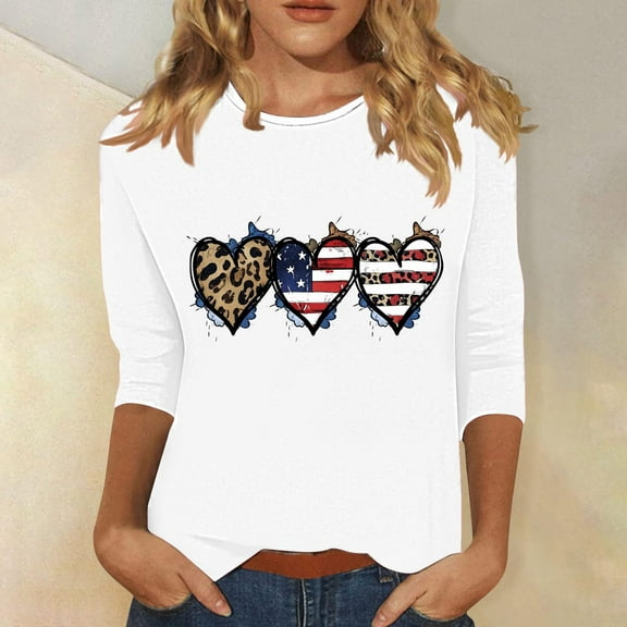 Cavosen Red White and Blue Tops for Women Petite 4th of July 3/4 Sleeve Round Neck Shirts USA Star Striped Print Shirts Lady XL Red White and Blue Casual Tops Patriotic Tunic Tees Patriotic Blouses