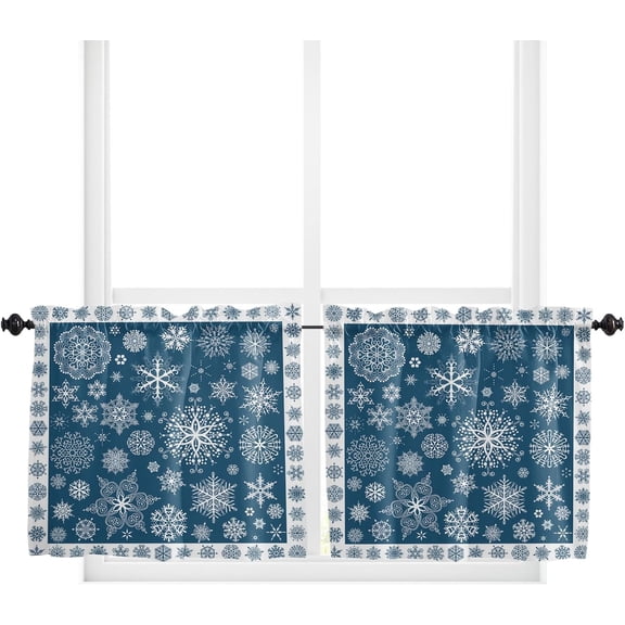Blue Christmas Kitchen Curtain 2 Panels Tiers Curtains 24 Inch Length, Xmas Snowy Winter Snowflake Flower Curtains Rod Pocket Curtains Window Drapes Treatment Window Cafe Curtains 55''''x24''''