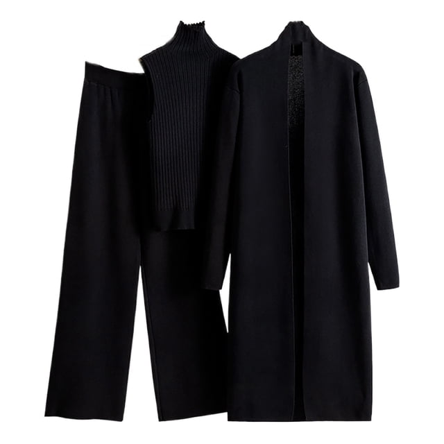 Timegard 3 Piece Knitted Outfits for Women Open Front Jackets Turtle Neck Sleeveless Sweater Wide Leg Pants Solid Color Sets