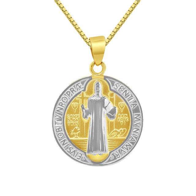 14k Two-tone Gold San Benito Medallion Pendant with 0.8-mm Box Chain