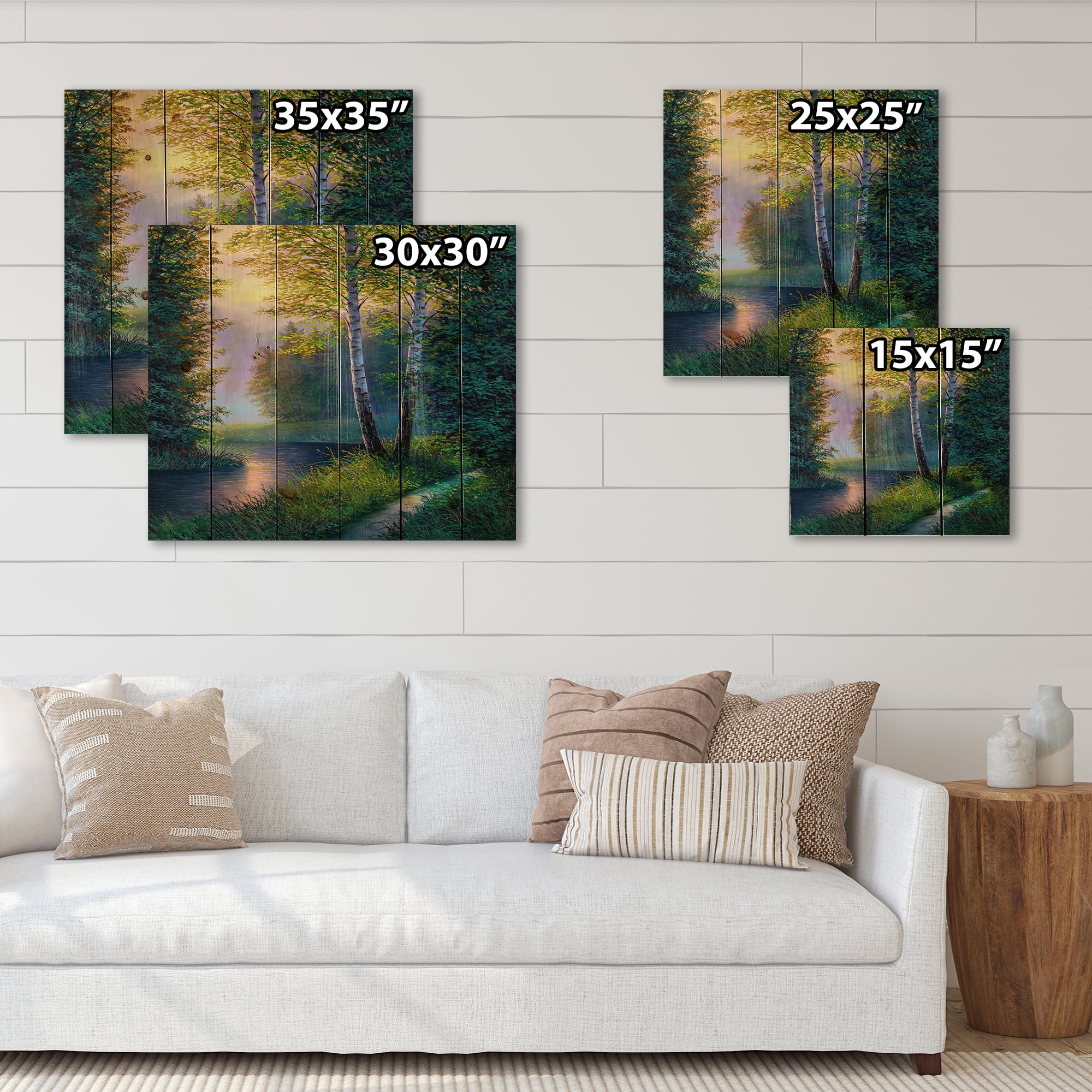 Designart 'Sunrise Glow Through The Birch Forest' Lake House Print on Natural Pine Wood