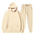 thumbnail image 2 of Men's Unisex Spring Fall 2-Piece Set, Long Sleeve Crewneck Patchwork Sweatshirt and Pants, Versatile Casual Lounge Wear For Daily Fashion,Beige,L, 2 of 3