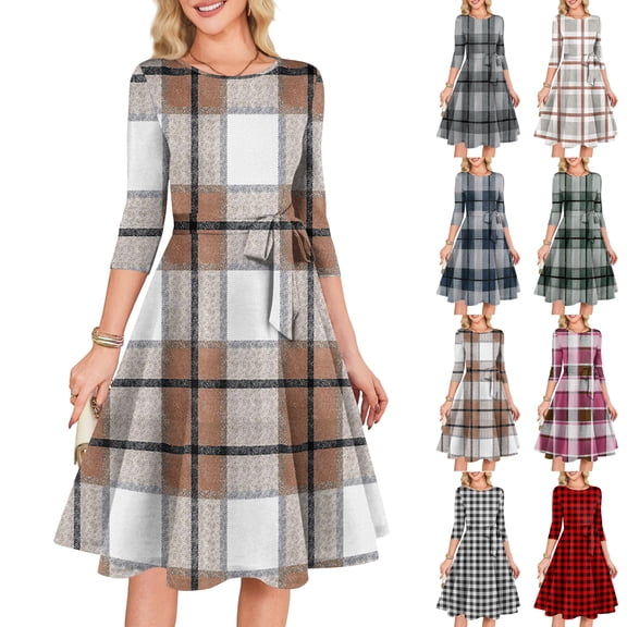 Women's Cocktail Dress Evening Dress 3/4 Sleeve Plaid Vintage Wedding Guest Dress for Party Banquet Spring Fall,Beige,L