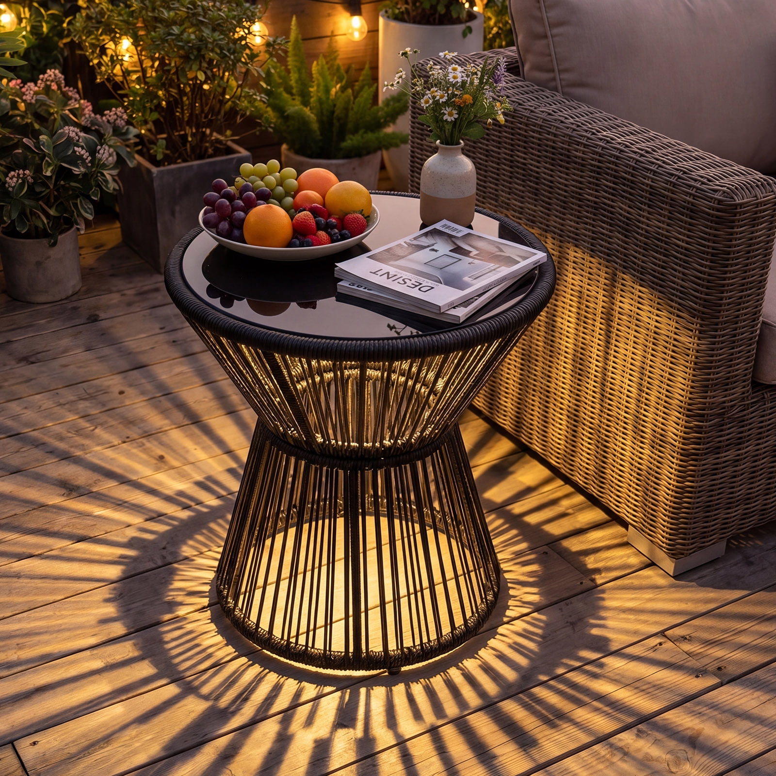 Gymax Outdoor Side Table w/ LED Warm Light PE Rattan Hourglass-Shaped End Table