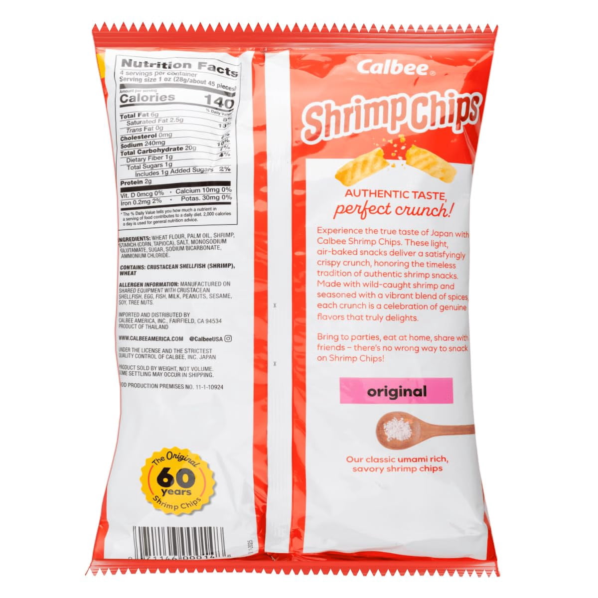 Calbee Shrimp Chips Original Flavored Wild-Caught Shrimp, Crispy Crunchy, 4 oz X 12 Pack