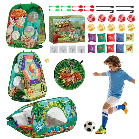 4-in-1 Cornhole Board Set, Toddler Outdoor Games with Bean Bag Toss Game, Soccer Goal, Safe Darts and Throwing Ball Toy, Family Party Games and Outside Toys for Kids Ages 3-8, Boys & Girls