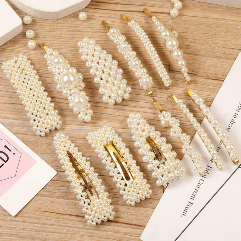 New Genesis Online 12 Pcs Pearl Hair Clips Large Hair Clips Pins Barrette Ties Hair for Women Girls Elegant Handmade Fashion Hair Accessories Pearl Hair Clips for Party