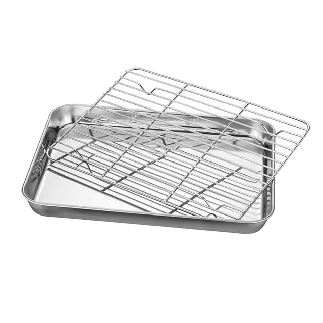 Stainless Steel Baking & Grilling Set with Cooling Rack - 430 Tray & 201 Mesh for Home/Hotel/Restaurant Use, Ideal for Barbecue, Pastry, Fruit Serving, Silver Color, Multiple Sizes Available (Minimum