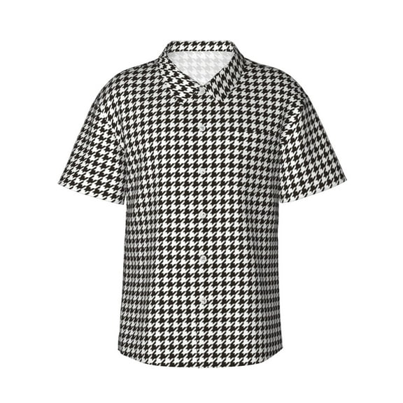 Kuqiui Houndstooth Black And White Pattern Men's Casual Button-Down Shirts Hawaiian Shirt Short Sleeve-Large