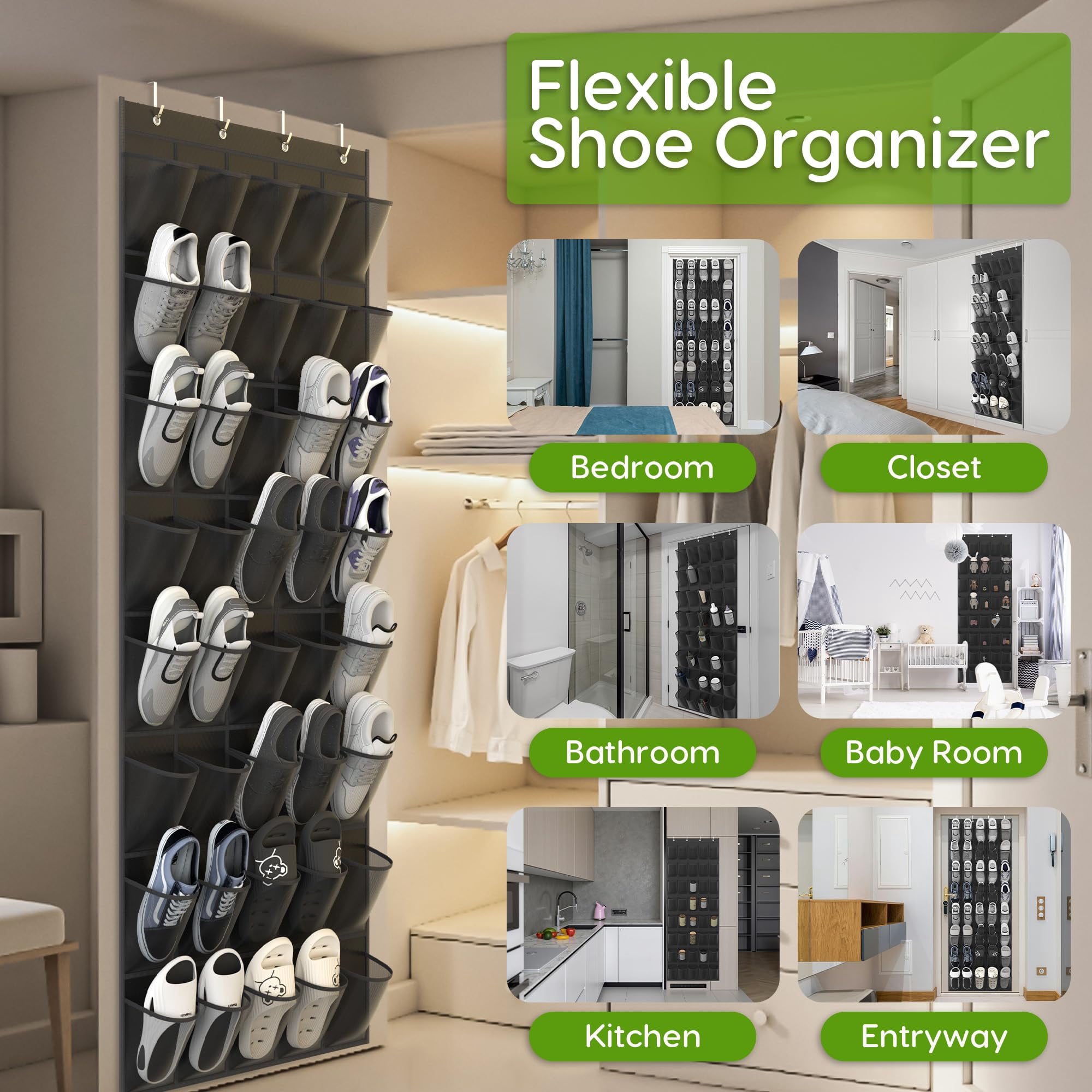 Over the Door Shoe Organizer with 40 Pockets, 18 Travel Shoe Bags & 1 Washing Bag, Hanging Shoe Rack with Breathable Mesh