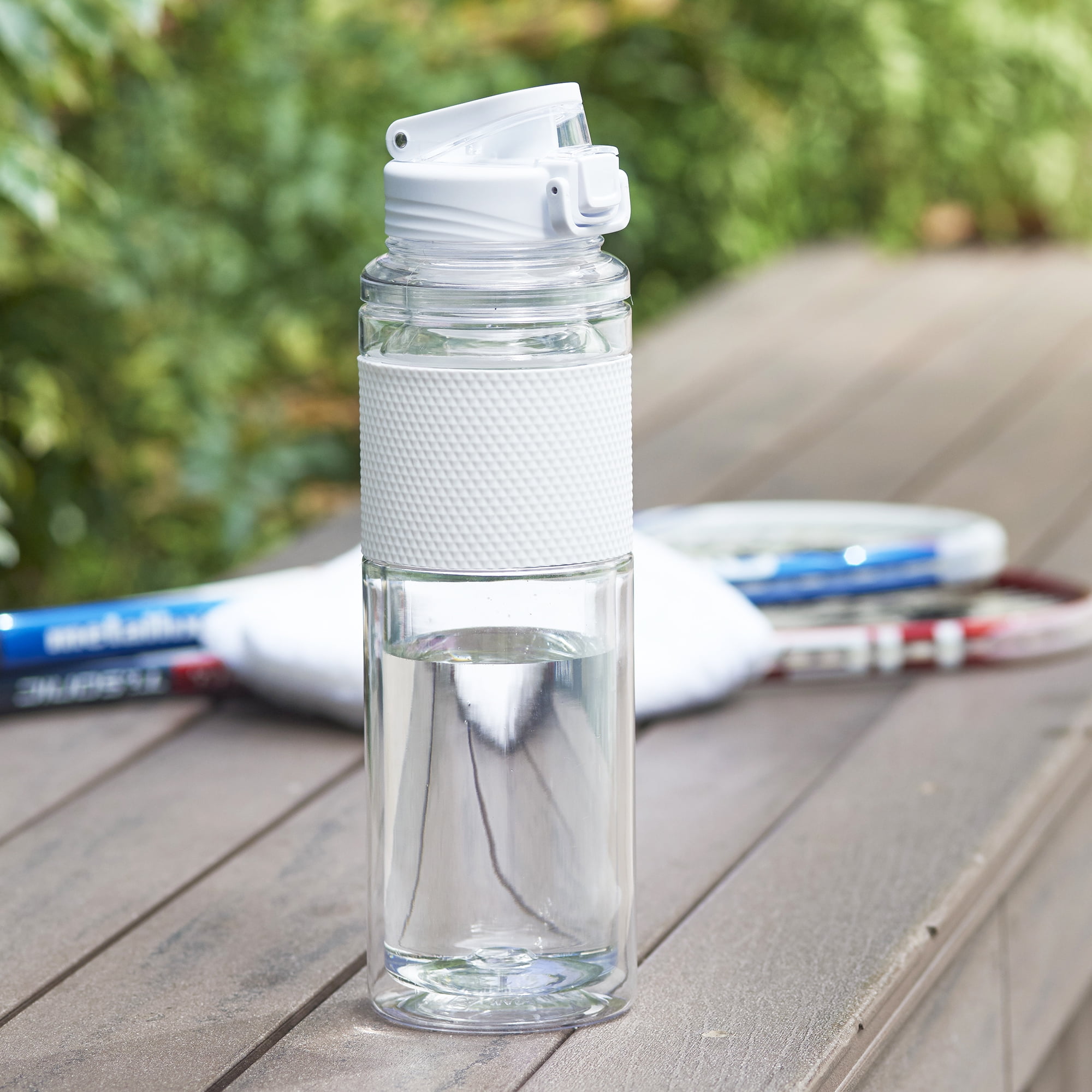 (4 pack) Mainstays 32 fl oz Arctic White and Clear Solid Print Plastic Water Bottle with Wide Mouth Lid