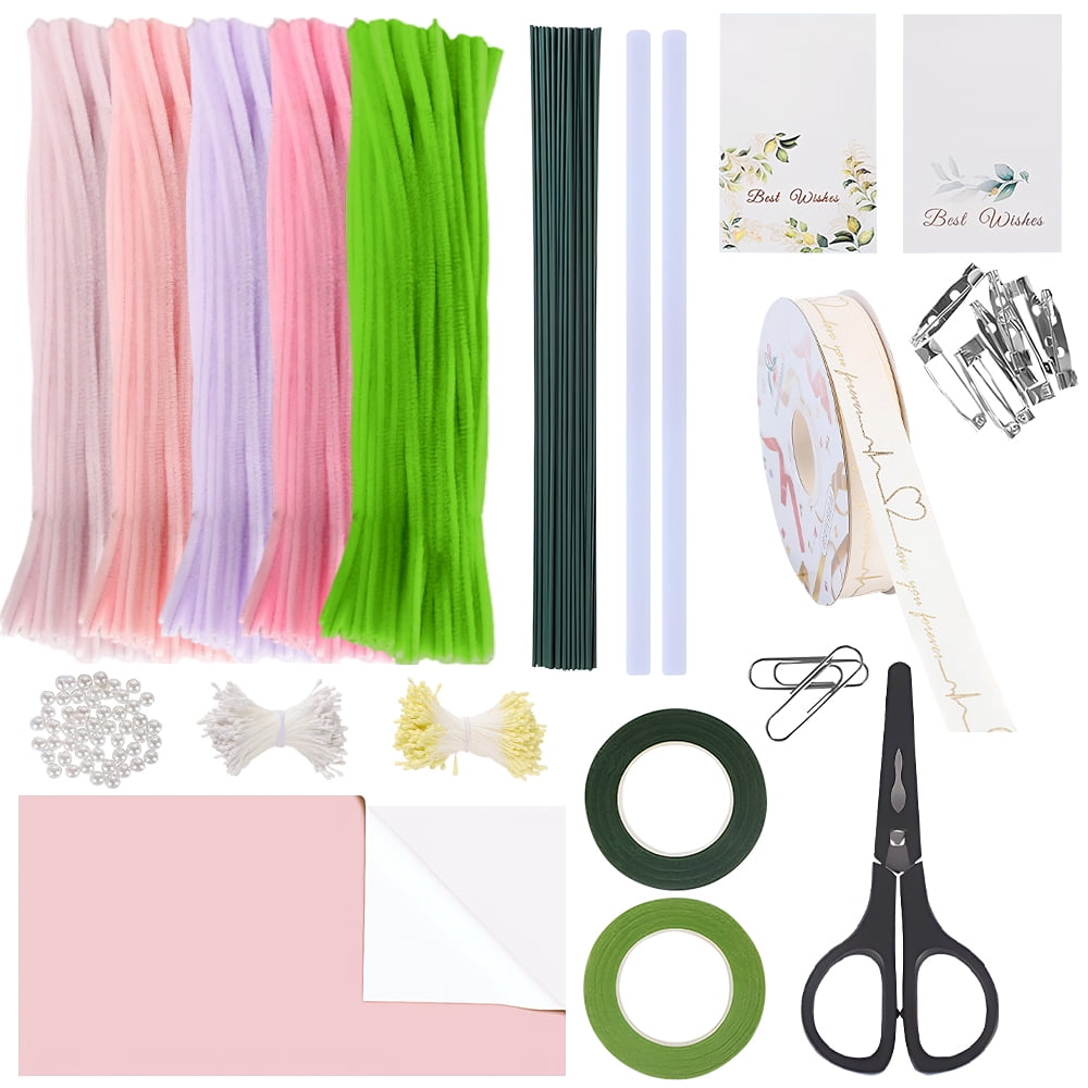 Pink & Green Pipe Cleaners for DIY Flowers & Crafts – 500 PCS 5 Colors Chenille Stems with Glue Guns & Tape Measure – Perfect for Family Fun & Creativity, Holiday & Room Decorations