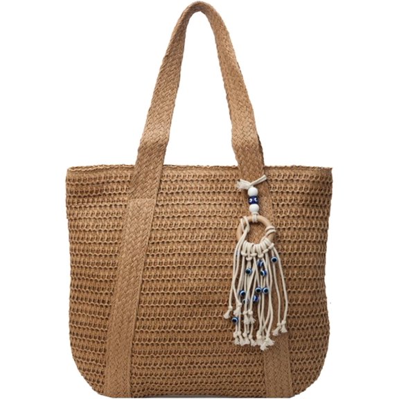 LinYooLi Straw Beach Bag Summer Woven Tote Bag Shoulder Handbag Straw Purses for Women Boho Bag with Tassels and Zipper
