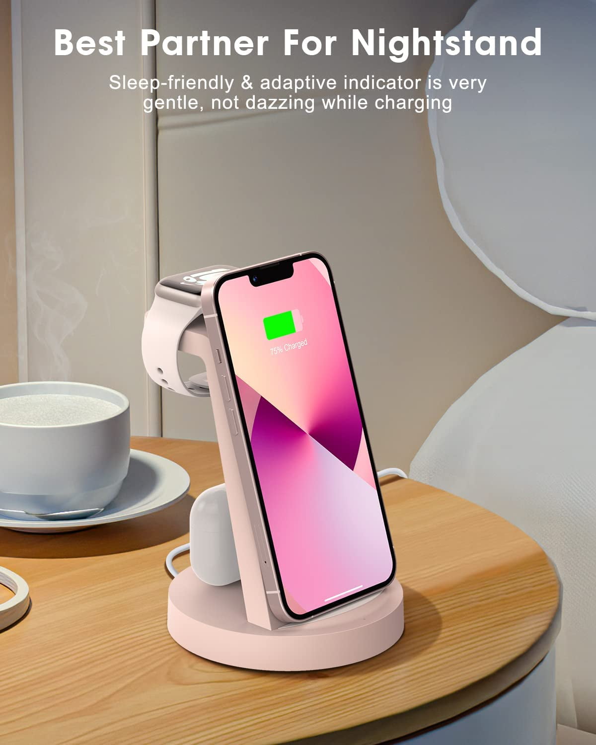 ETEPEHI Wireless Charging Station: 3 in 1 Wireless Charger Compatible for iPhone iWatch Airpods -Pink